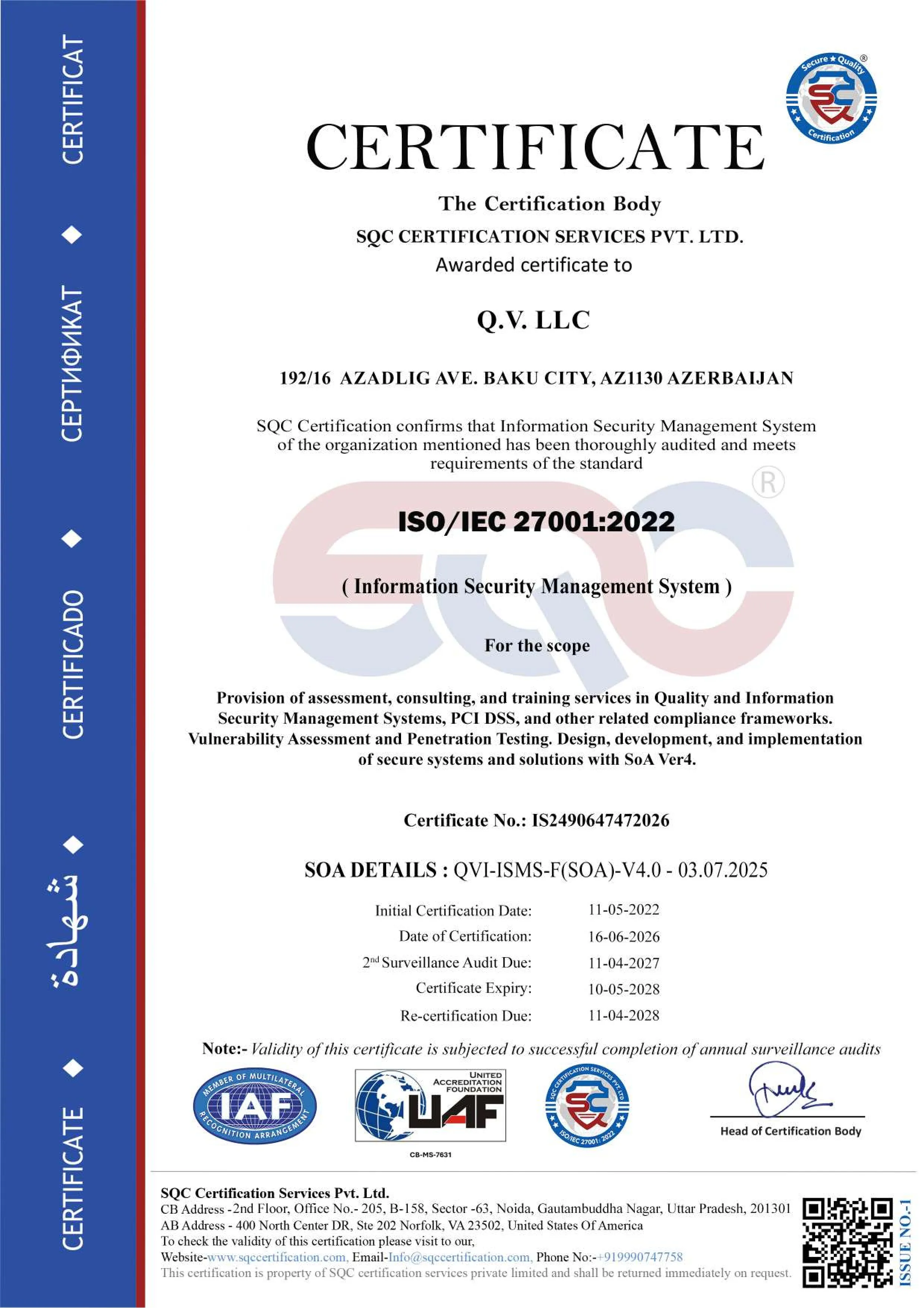 iso27001certificate of Q.V. LLC