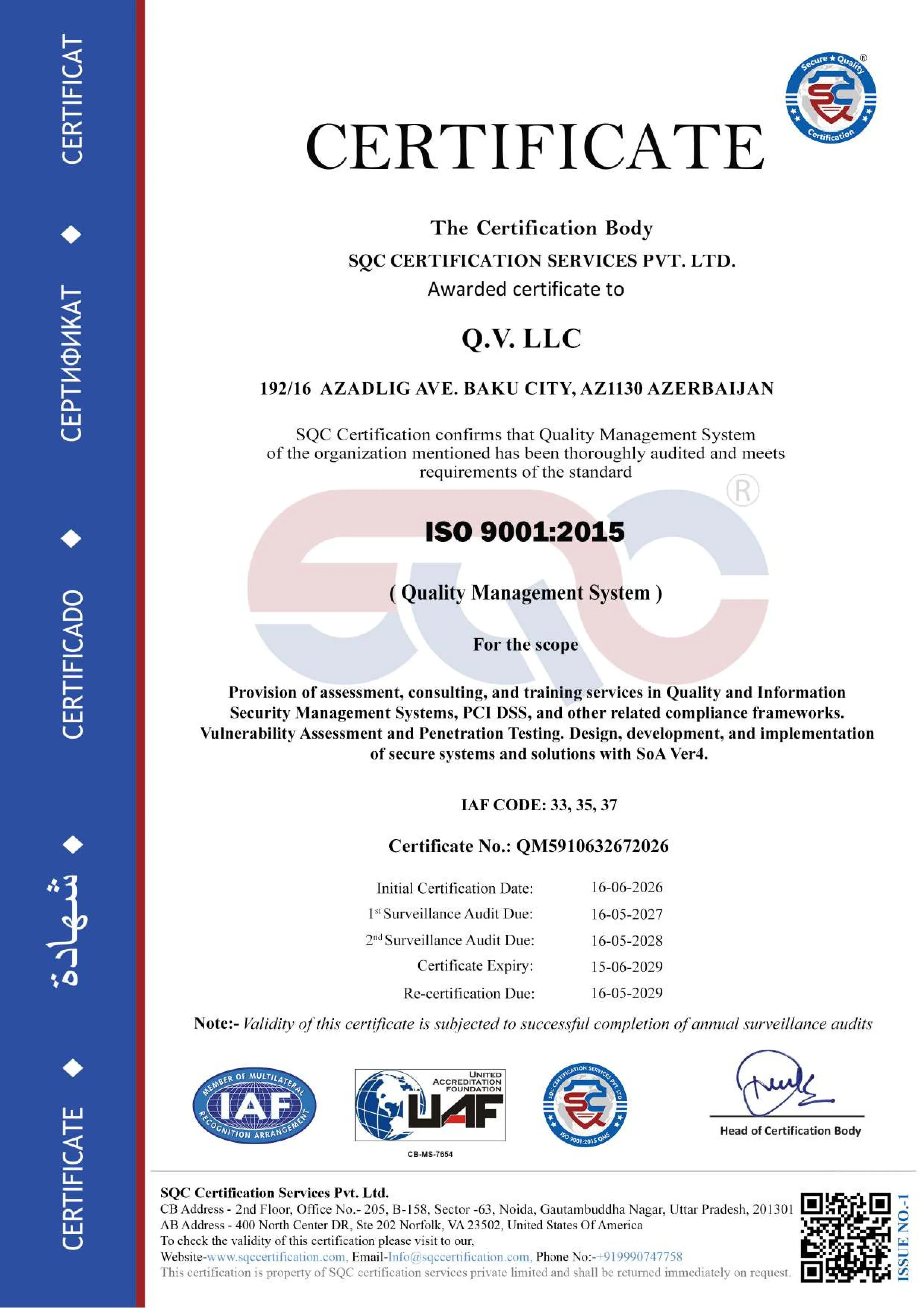 iso9001certificate of Q.V. LLC